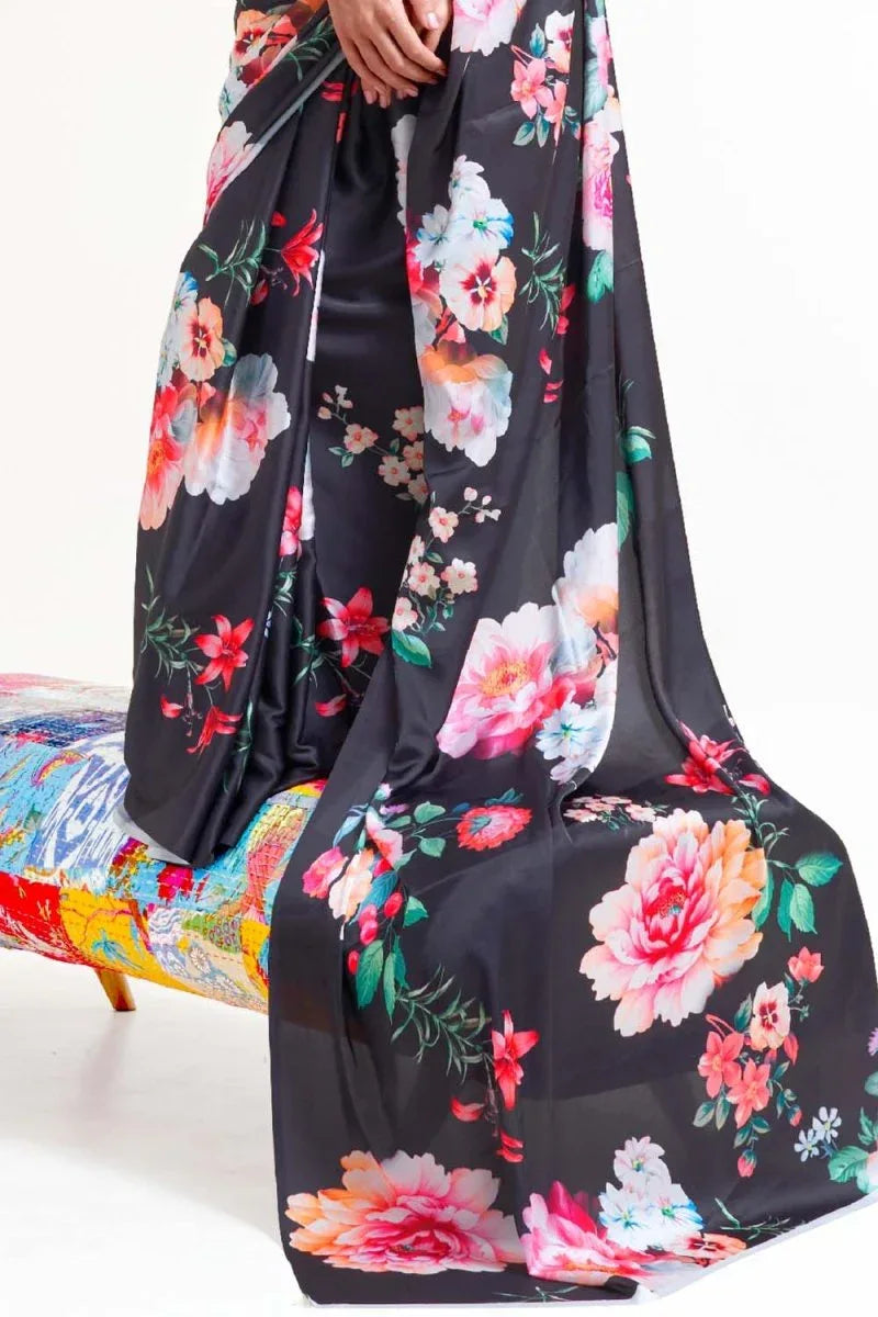 Jet Black Satin Crep Saree - EZBER