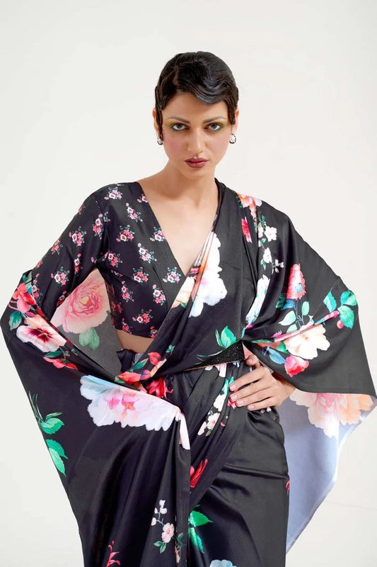 Jet Black Satin Crep Saree - EZBER