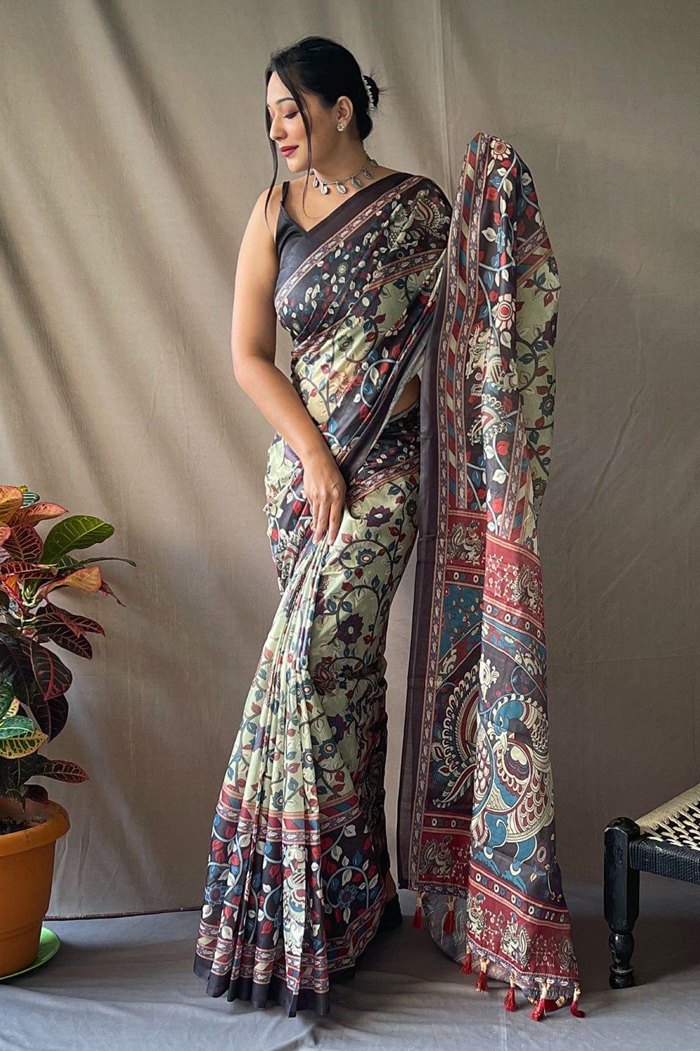 Olive Green Kalamkari Saree - EZBER