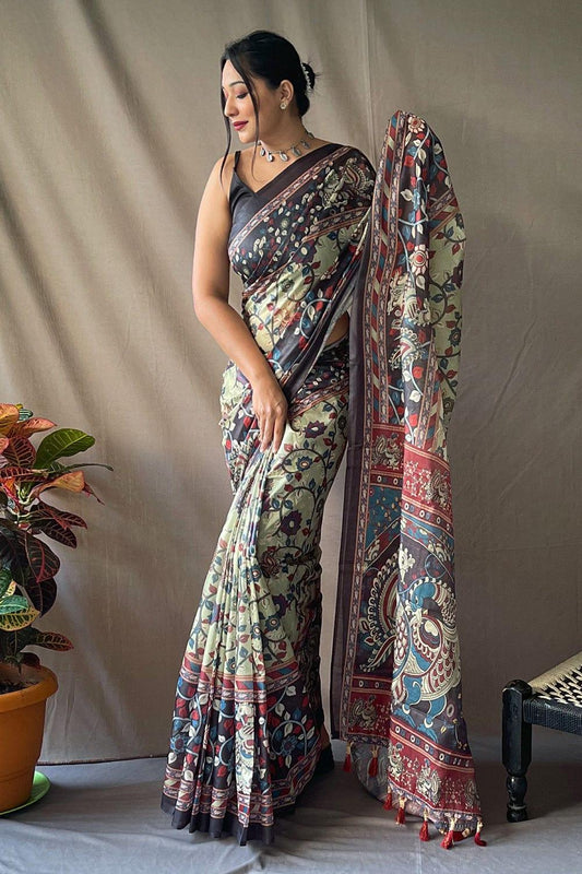 Olive Green Kalamkari Saree - EZBER