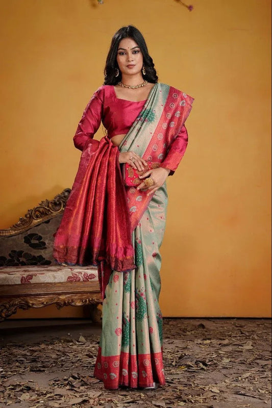 Kanjeevaram Silk Rich Pallue With Contrast Blouse Weaving Silk Saree - EZBER