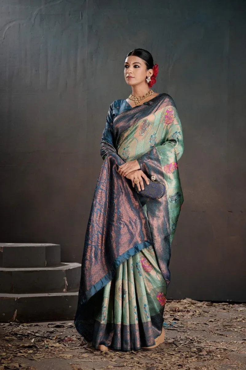 Kanjeevaram Silk Rich Pallue With Contrast Blouse Weaving Silk Saree - EZBER