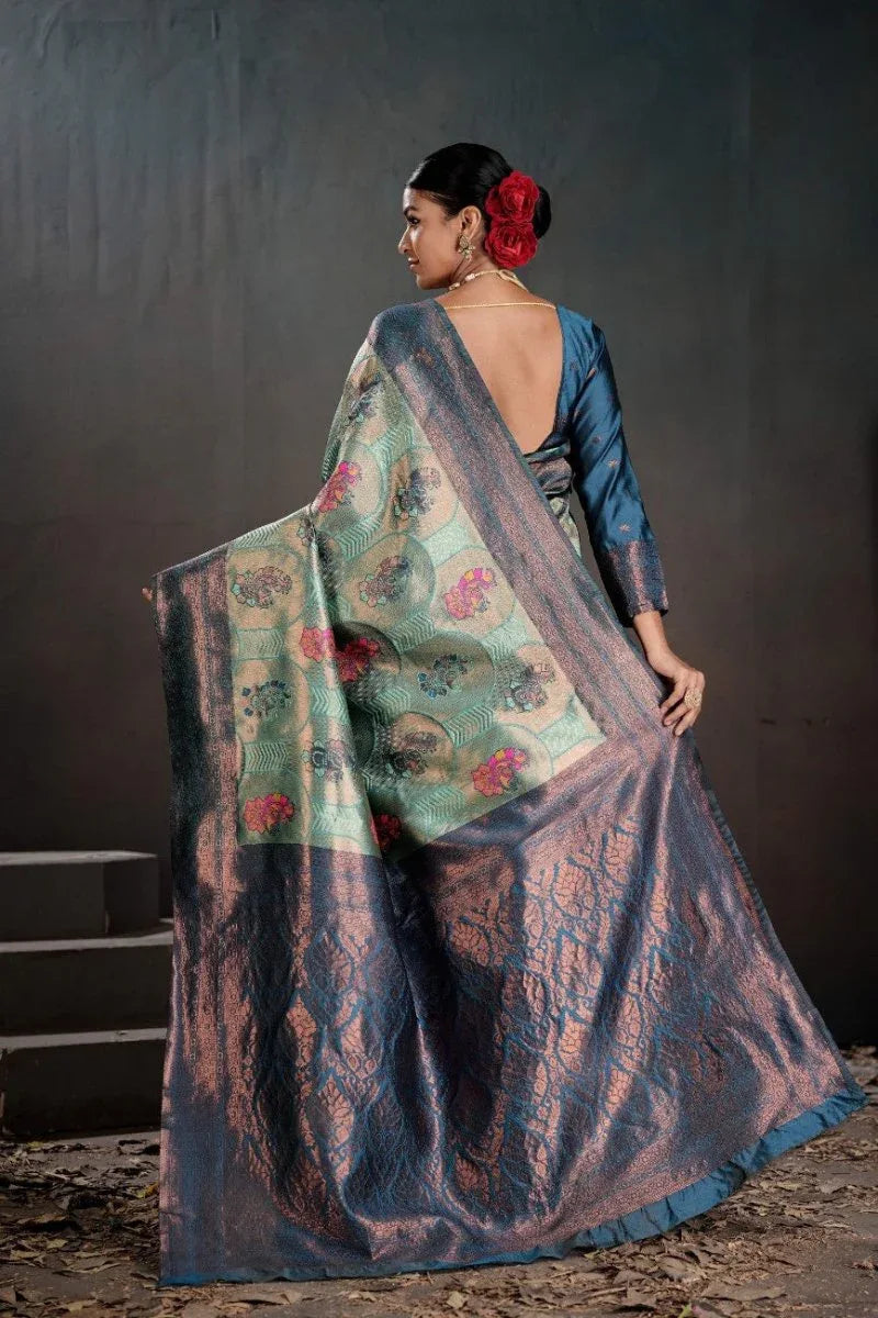 Kanjeevaram Silk Rich Pallue With Contrast Blouse Weaving Silk Saree - EZBER