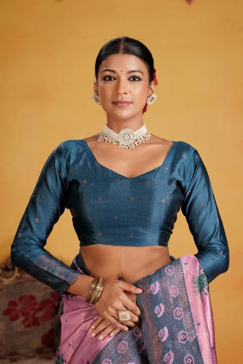 Kanjeevaram Silk Rich Pallue With Contrast Blouse Weaving Silk Saree - EZBER