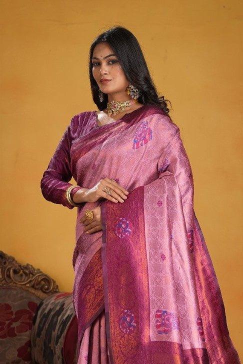 Kanjeevaram Silk Rich Pallue With Contrast Blouse Weaving Silk Saree - EZBER