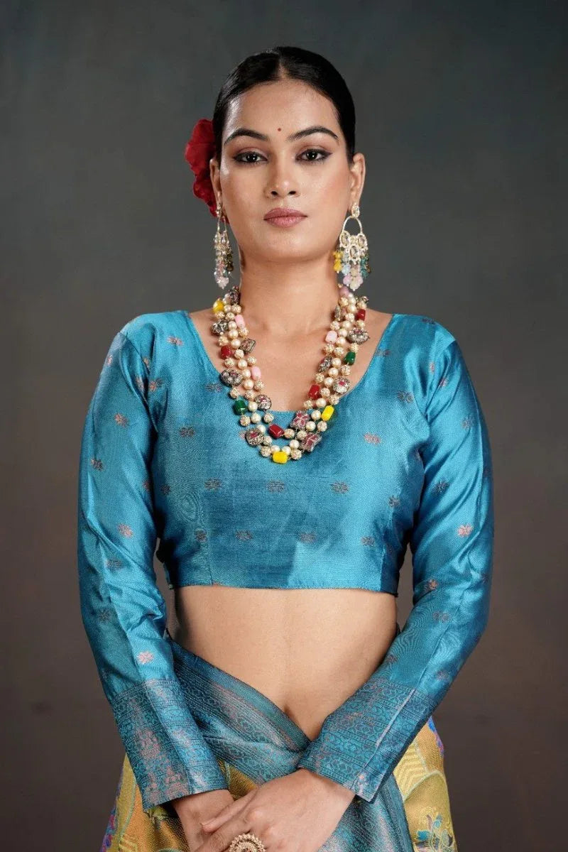 Kanjeevaram Silk Rich Pallue With Contrast Blouse Weaving Silk Saree - EZBER