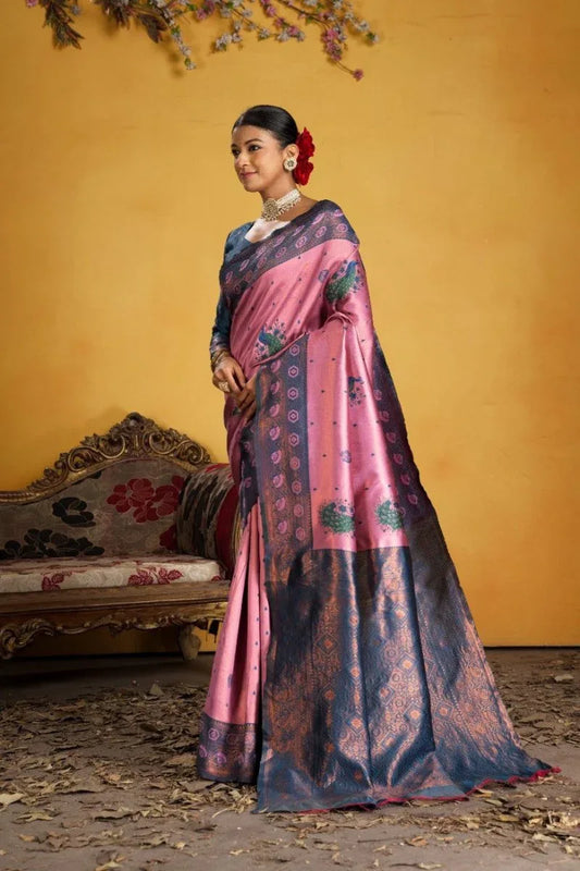 Kanjeevaram Silk Rich Pallue With Contrast Blouse Weaving Silk Saree - EZBER