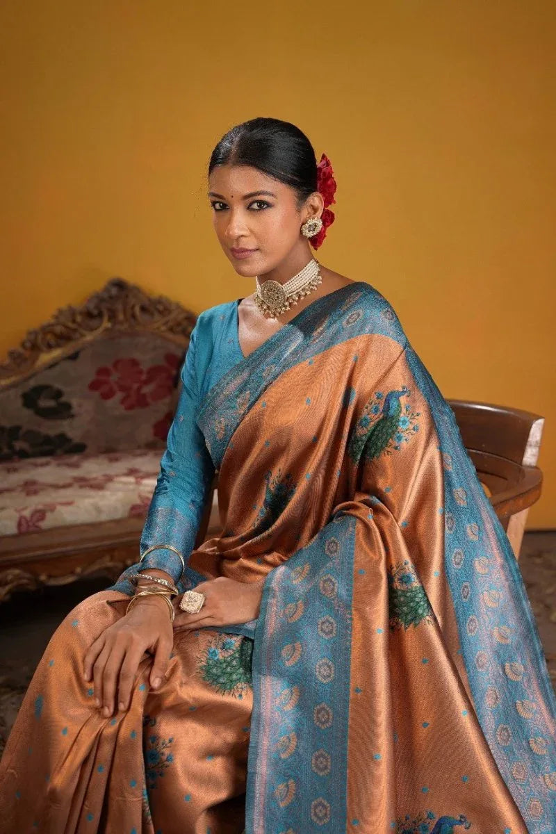 Kanjeevaram Silk Rich Pallue With Contrast Blouse Weaving Silk Saree - EZBER