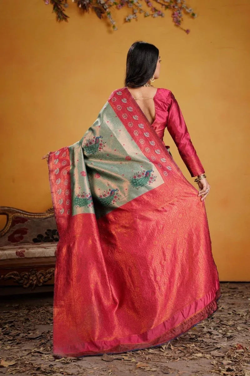 Kanjeevaram Silk Rich Pallue With Contrast Blouse Weaving Silk Saree - EZBER