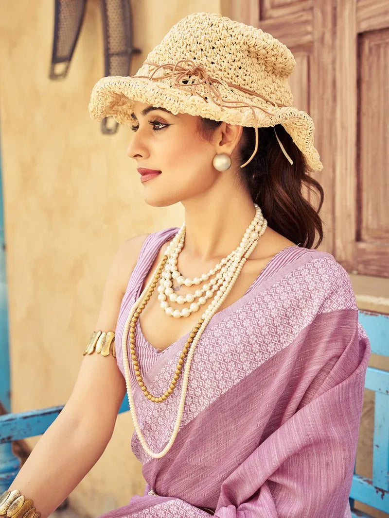 Lavender Linen Festive Wear Saree With Blouse Piece - EZBER