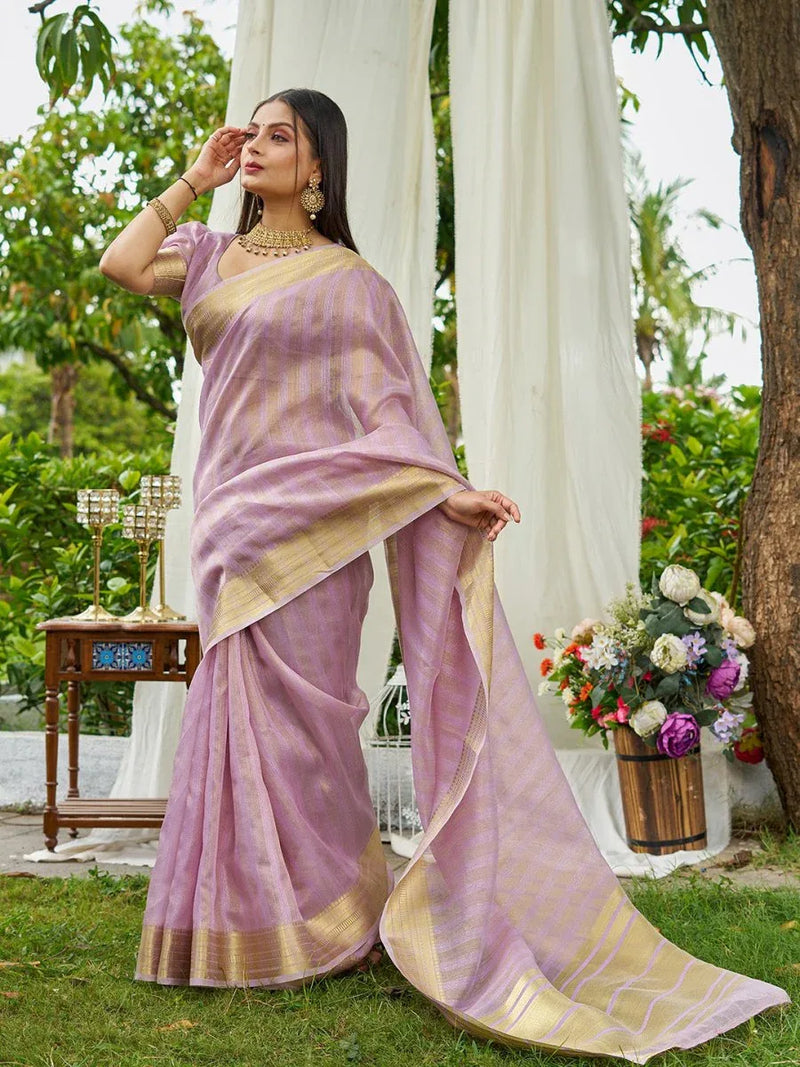 Lavender Organza Saree With Blouse Piece - EZBER