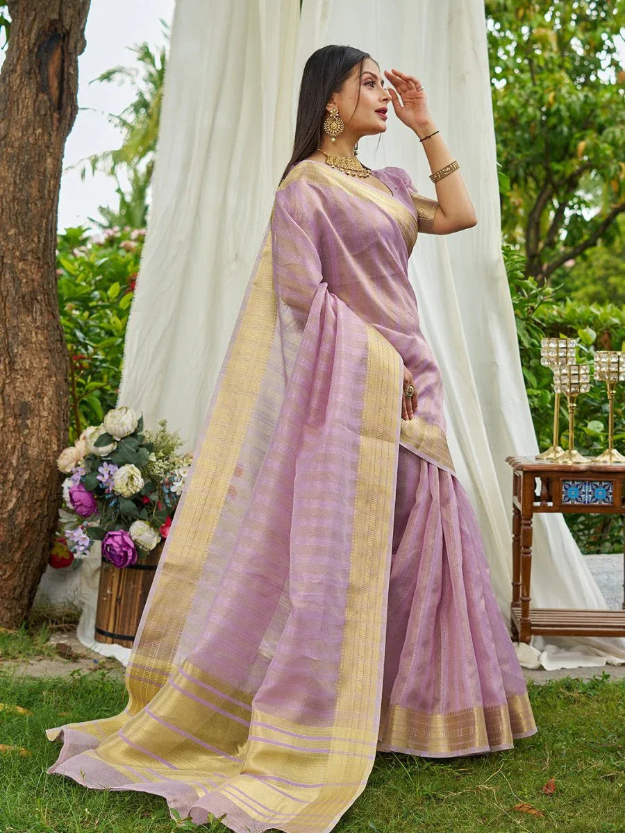 Lavender Organza Saree With Blouse Piece - EZBER