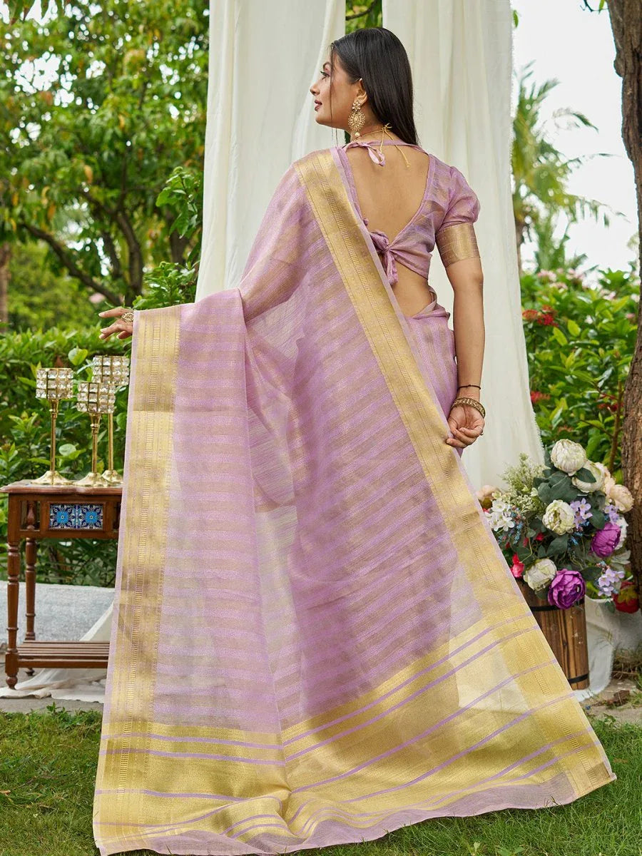 Lavender Organza Saree With Blouse Piece - EZBER