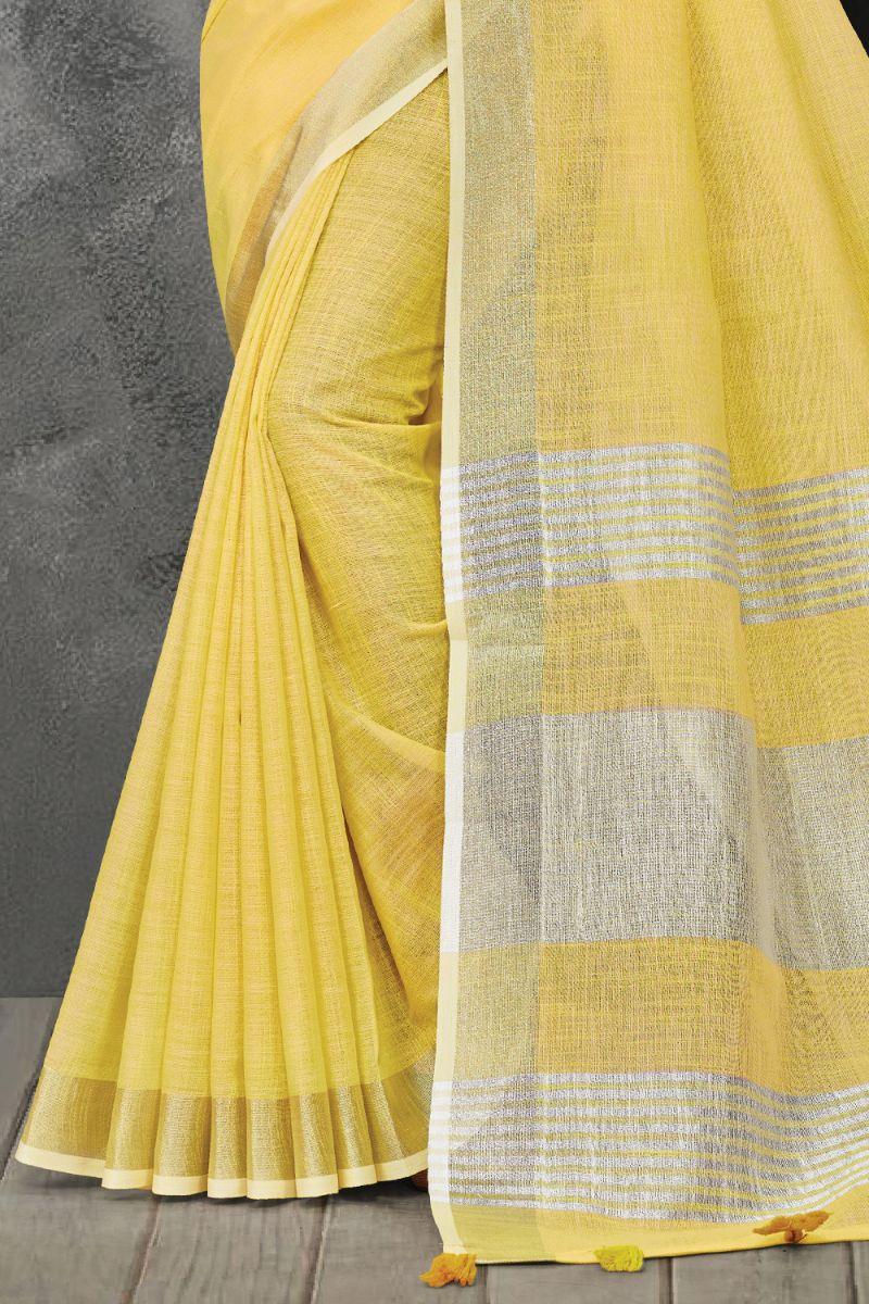 Lemon Yellow Linen Blend Saree - EZBER