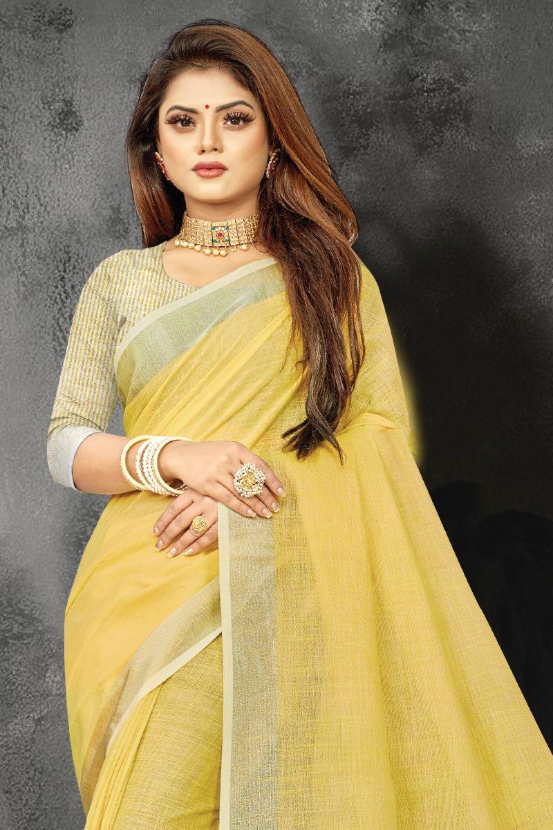 Lemon Yellow Linen Blend Saree - EZBER