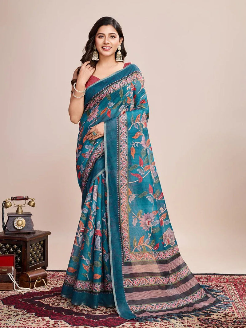 Light Blue Linen Blend Saree With Blouse Piece - EZBER