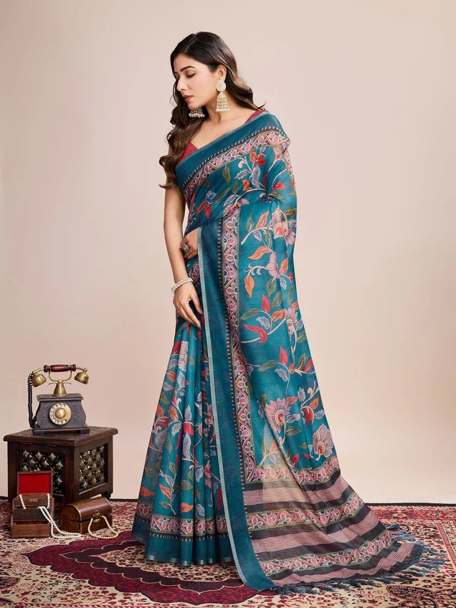 Light Blue Linen Blend Saree With Blouse Piece - EZBER