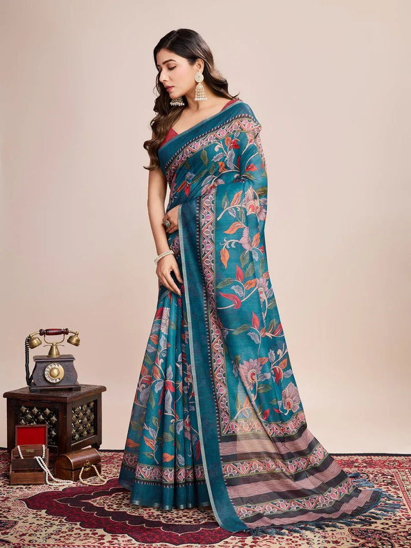 Light Blue Linen Blend Saree With Blouse Piece - EZBER