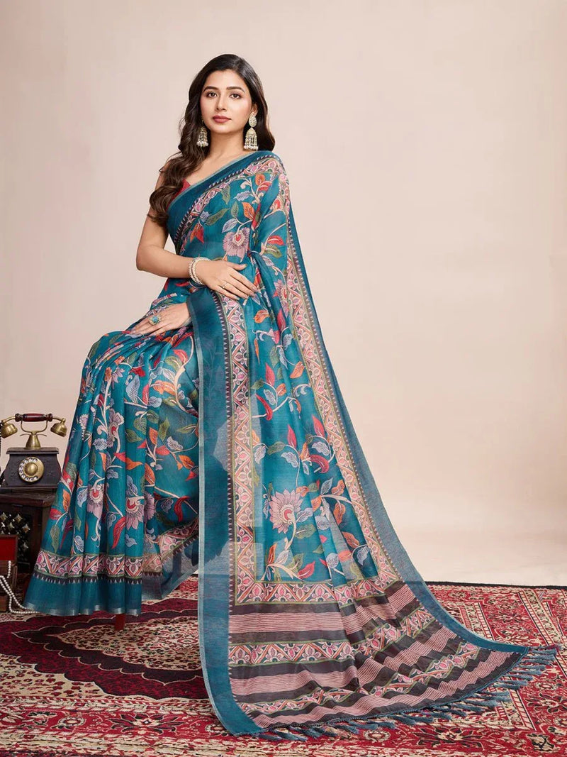 Light Blue Linen Blend Saree With Blouse Piece - EZBER
