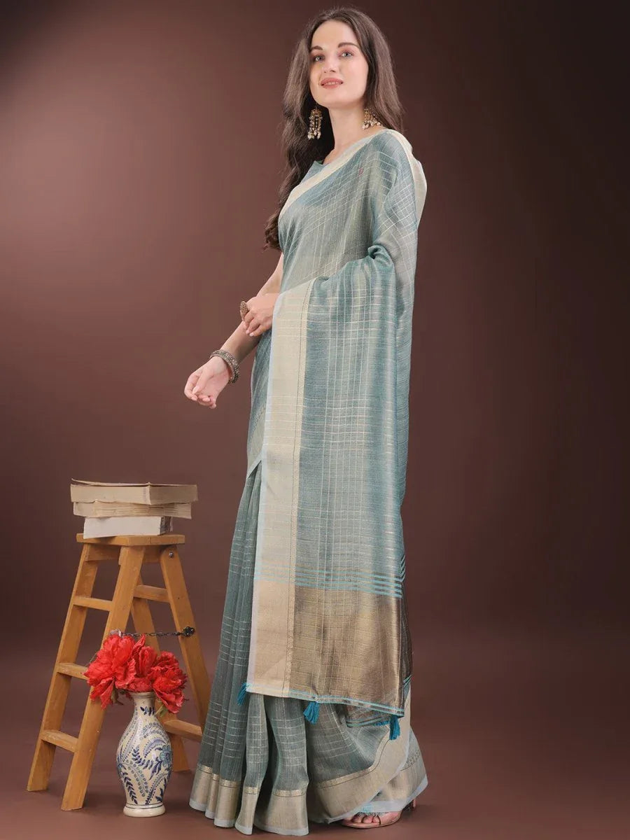 Light Blue Organza Saree With Blouse Piece - EZBER