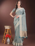 Light Blue Organza Saree With Blouse Piece - EZBER