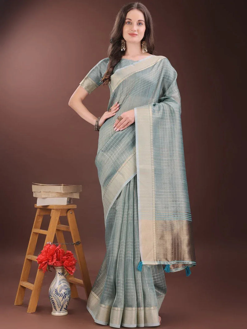 Light Blue Organza Saree With Blouse Piece - EZBER