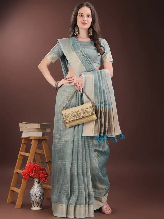 Light Blue Organza Saree With Blouse Piece - EZBER