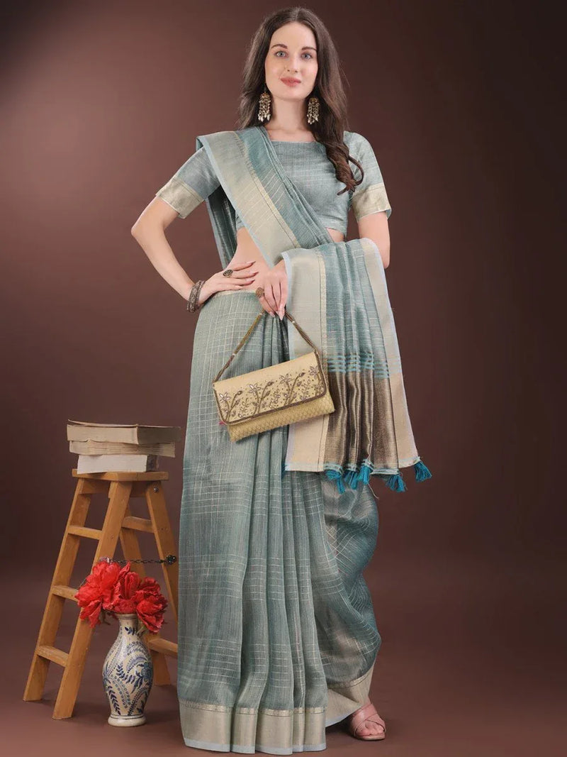 Light Blue Organza Saree With Blouse Piece - EZBER