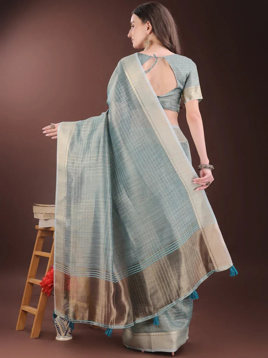 Light Blue Organza Saree With Blouse Piece - EZBER