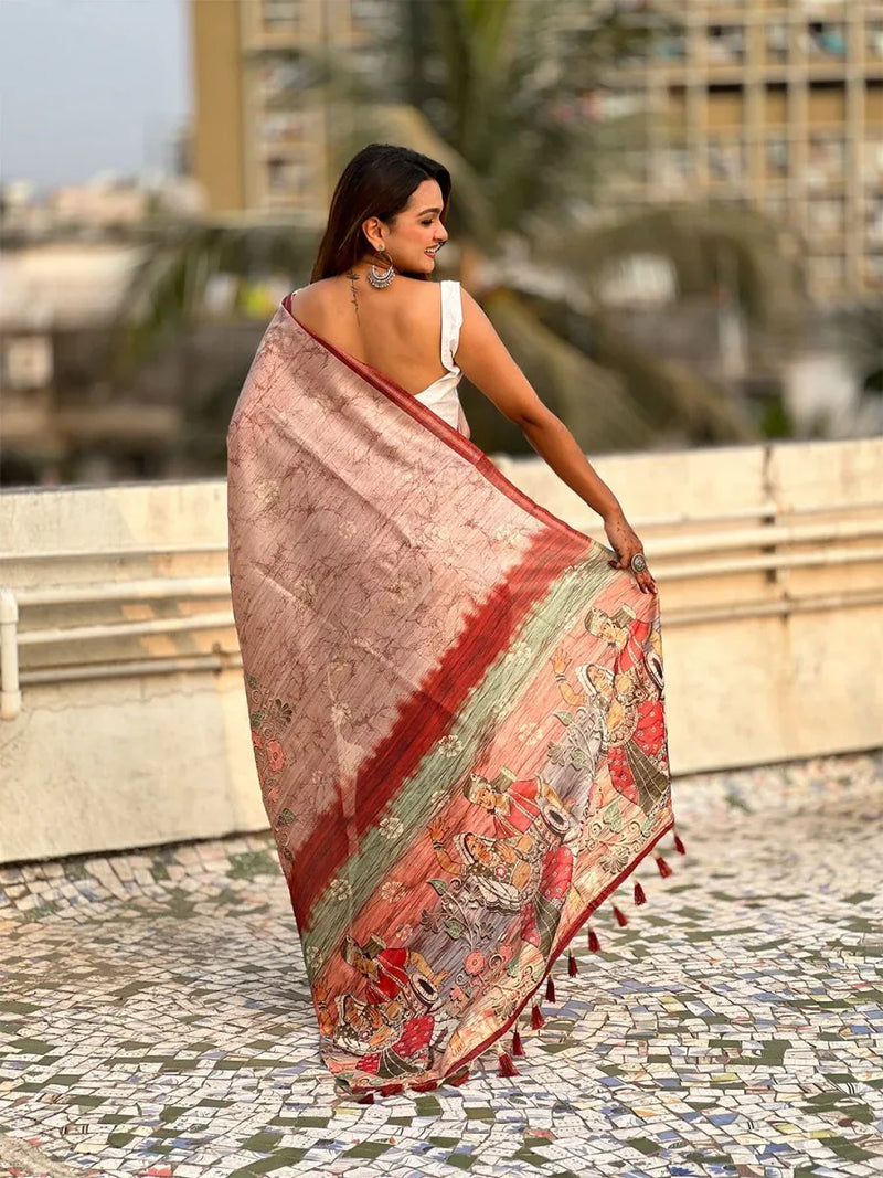 Light Brown Digital Printed Silk Saree With Blouse Piece - EZBER