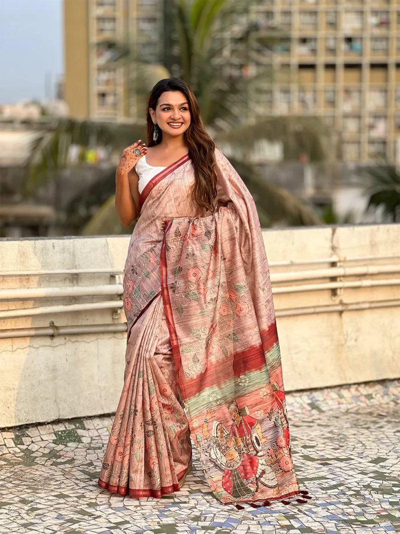 Light Brown Digital Printed Silk Saree With Blouse Piece - EZBER