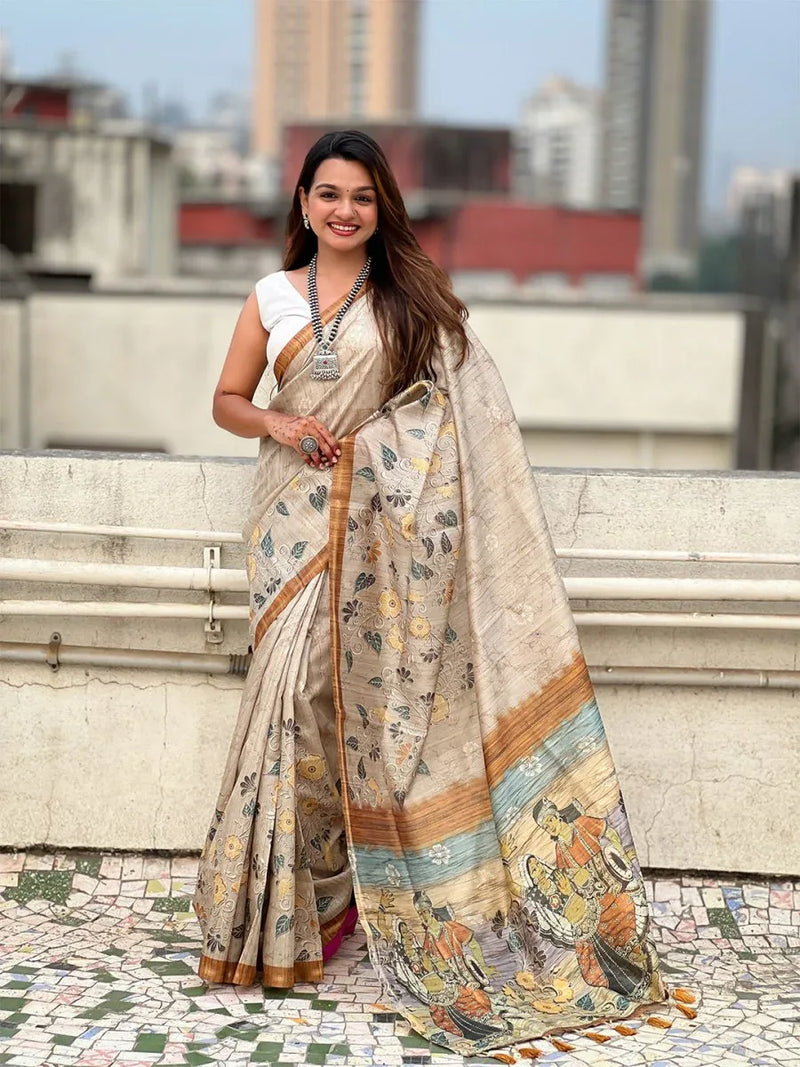 Light Gold Digital Printed Silk Saree With Blouse Piece - EZBER