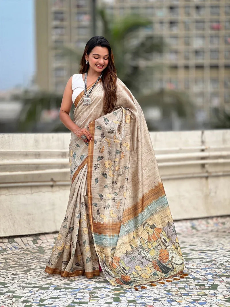 Light Gold Digital Printed Silk Saree With Blouse Piece - EZBER