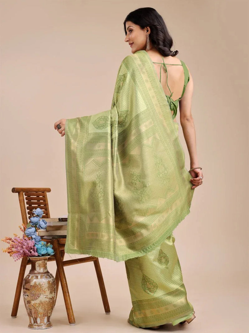 Light Green Banarasi Silk Saree With Blouse Piece - EZBER