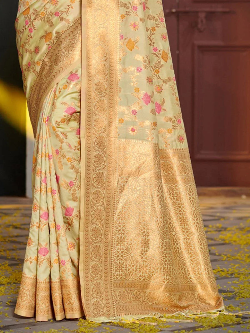 Light Green Banarasi silk Saree With Blouse Piece - EZBER