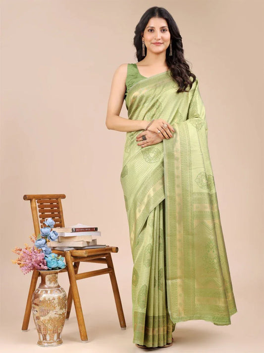 Light Green Banarasi Silk Saree With Blouse Piece - EZBER