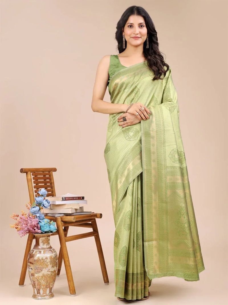 Light Green Banarasi Silk Saree With Blouse Piece - EZBER