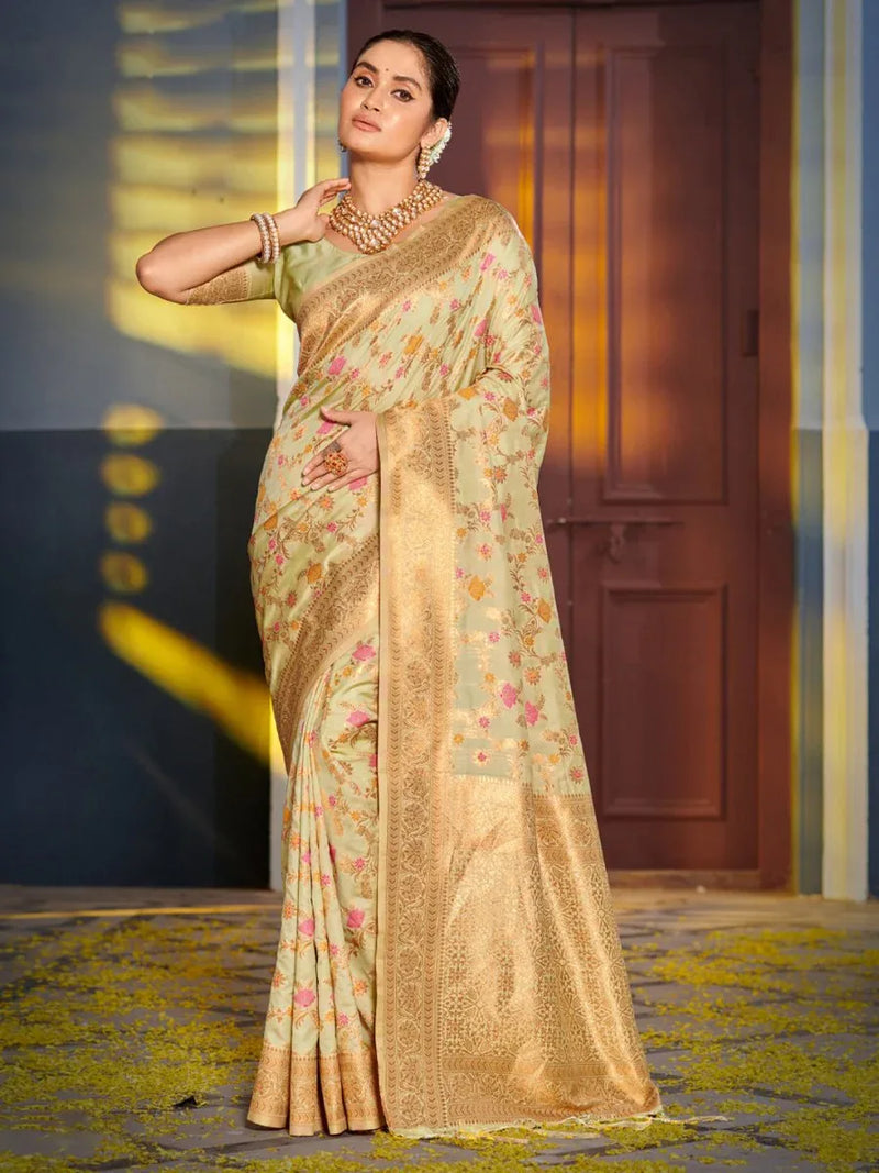 Light Green Banarasi silk Saree With Blouse Piece - EZBER