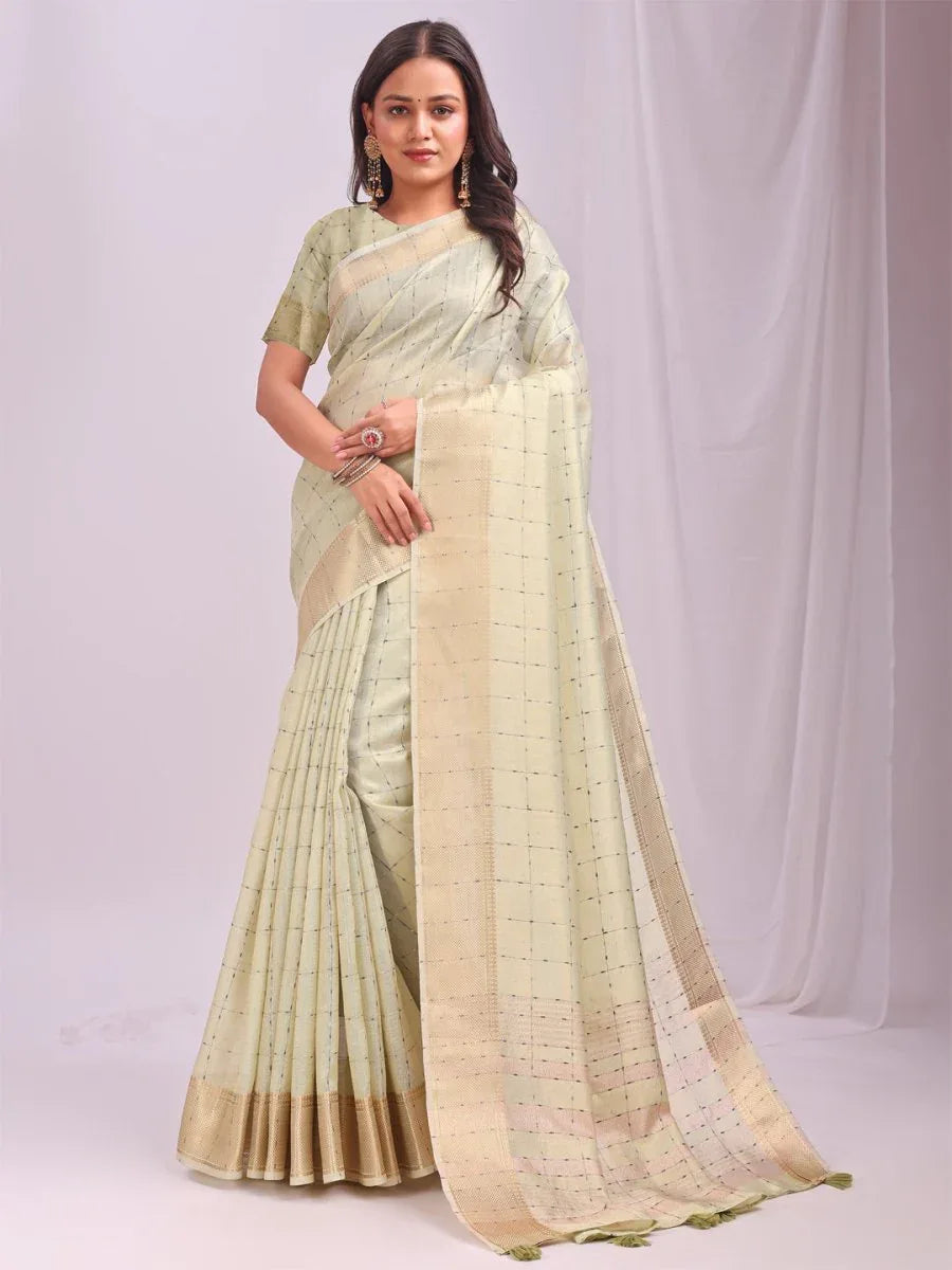 Light Green CASUAL CHECKS Organza Saree with Blouse Piece - EZBER