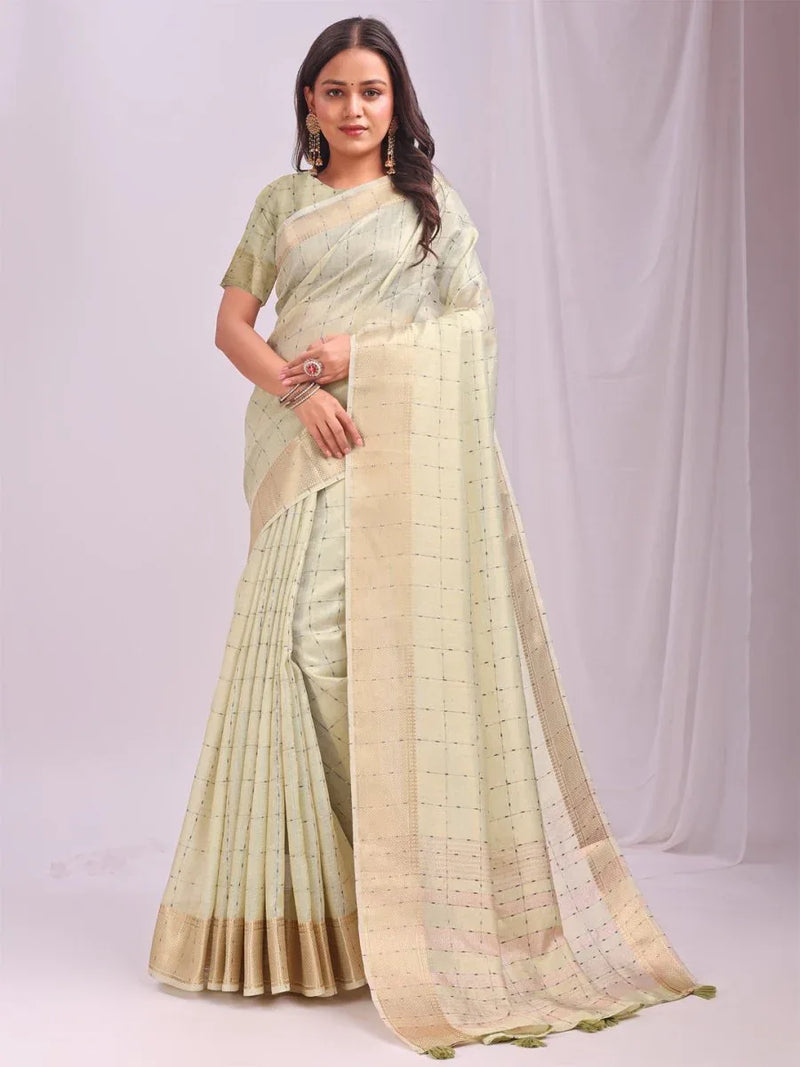 Light Green CASUAL CHECKS Organza Saree with Blouse Piece - EZBER