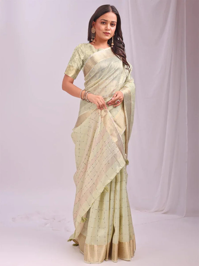 Light Green CASUAL CHECKS Organza Saree with Blouse Piece - EZBER