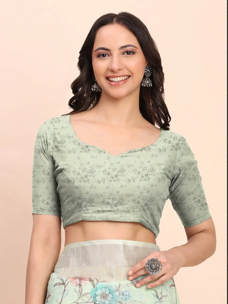 Light Green COTTON CRUSH Linen Cotton Saree with Blouse Piece - EZBER