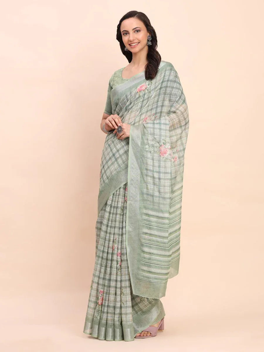 Light Green COTTON CRUSH Linen Cotton Saree with Blouse Piece - EZBER