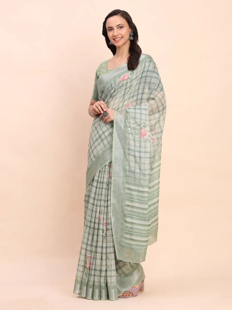 Light Green COTTON CRUSH Linen Cotton Saree with Blouse Piece - EZBER