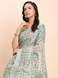 Light Green COTTON CRUSH Linen Cotton Saree with Blouse Piece - EZBER