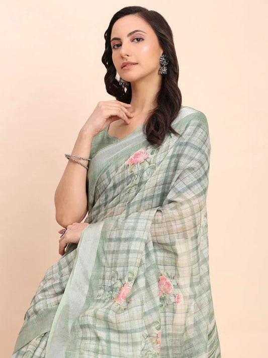 Light Green COTTON CRUSH Linen Cotton Saree with Blouse Piece - EZBER
