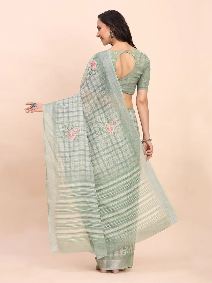 Light Green COTTON CRUSH Linen Cotton Saree with Blouse Piece - EZBER