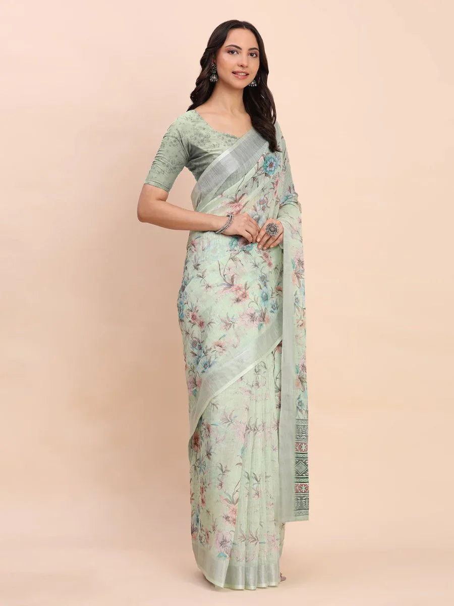 Light Green COTTON CRUSH Linen Cotton Saree with Blouse Piece - EZBER