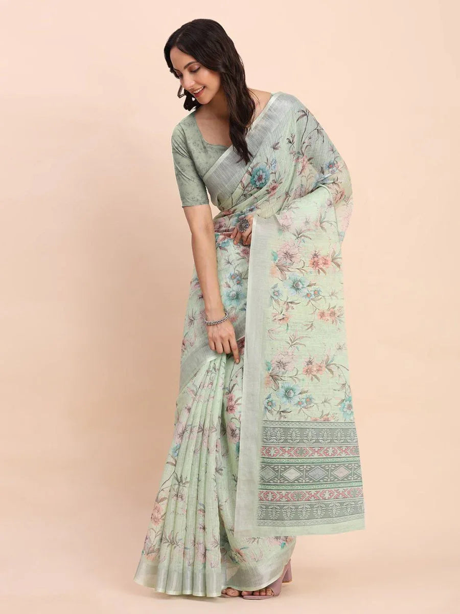 Light Green COTTON CRUSH Linen Cotton Saree with Blouse Piece - EZBER
