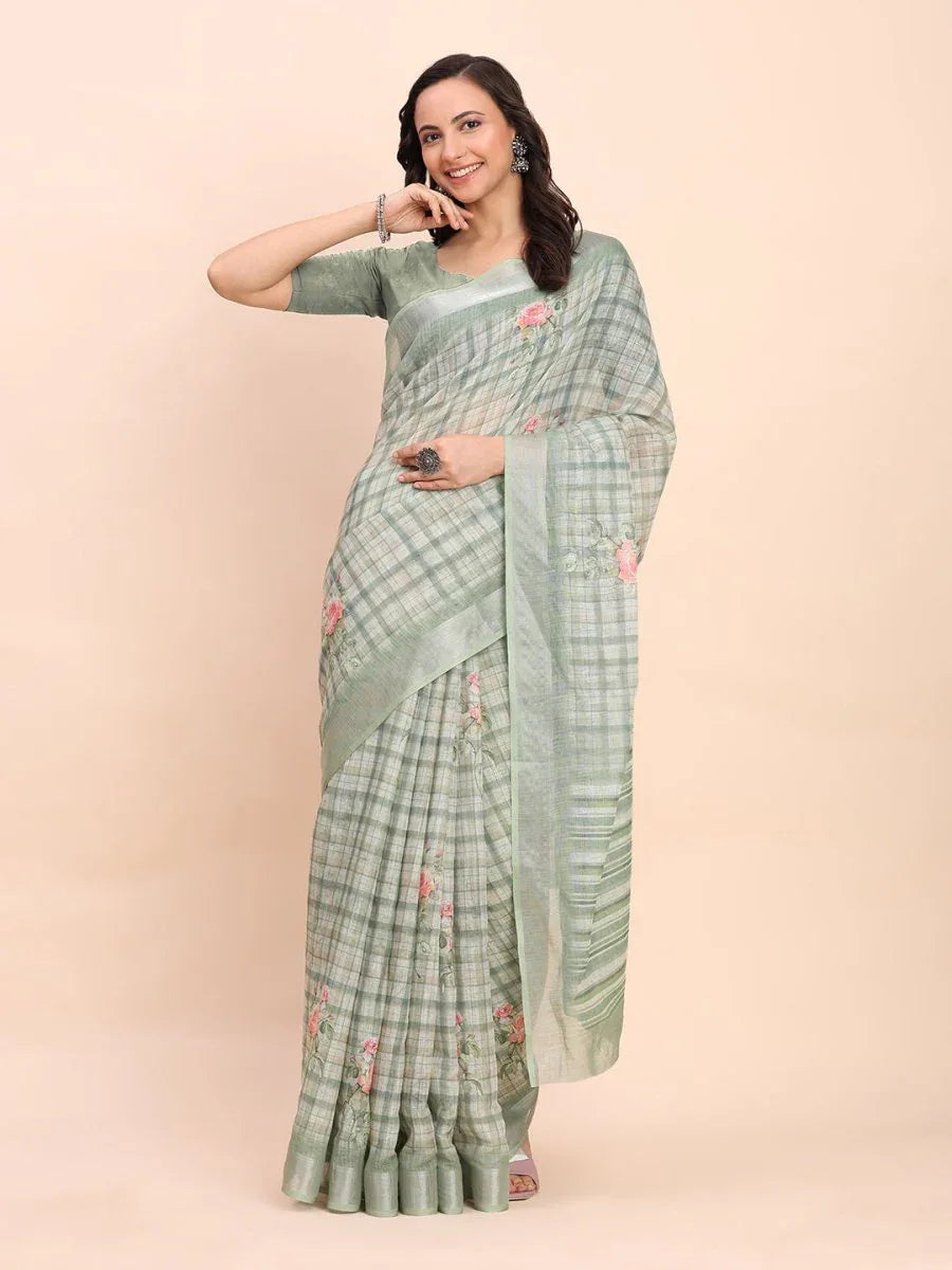 Light Green COTTON CRUSH Linen Cotton Saree with Blouse Piece - EZBER